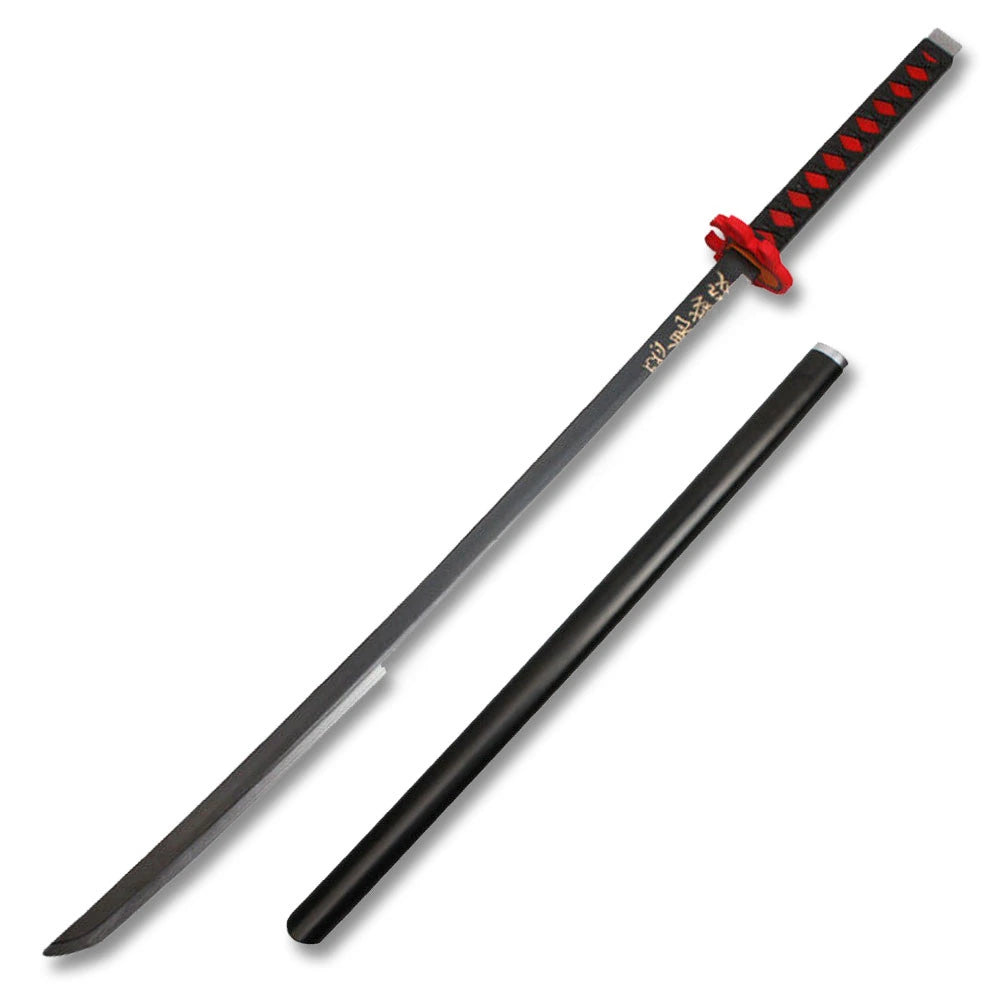 Close-up of demonic samurai foam Sword showing the black cord handle, vivid guard details, and decorative blade profile.