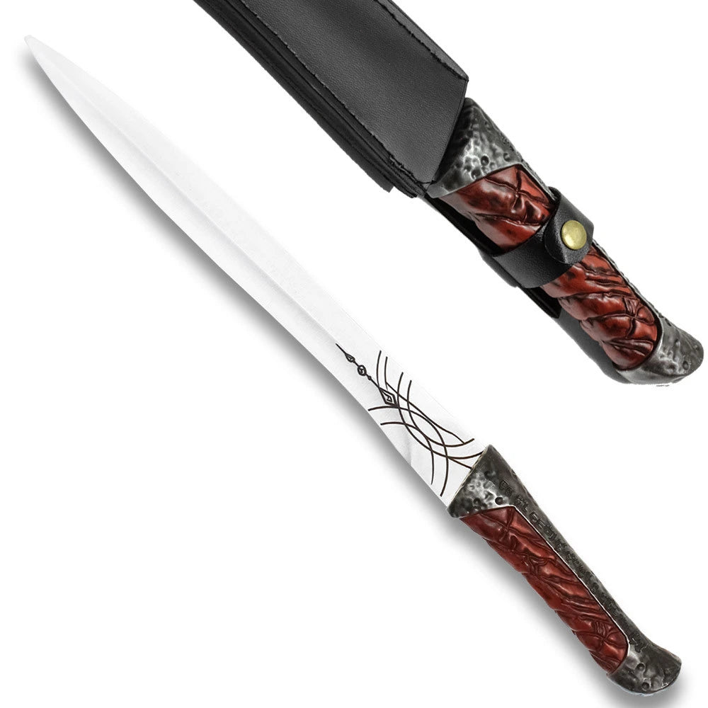 Close-up of the Dune Crysknife display collectible highlighting the elegant curved stainless steel blade, decorative textured grip, premium display finish, matching sheath, and detailed craftsmanship inspired by the iconic Fremen artifact from Dune.