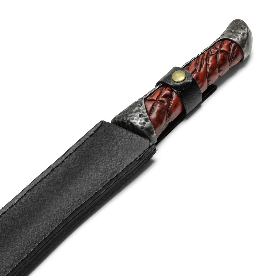 Full-length Dune Crysknife display collectible associated with Paul Atreides (Muad'Dib), showcasing premium stainless steel craftsmanship, decorative display finish, detailed textured handle, matching sheath, and exceptional presentation for collectors and science fiction enthusiasts.