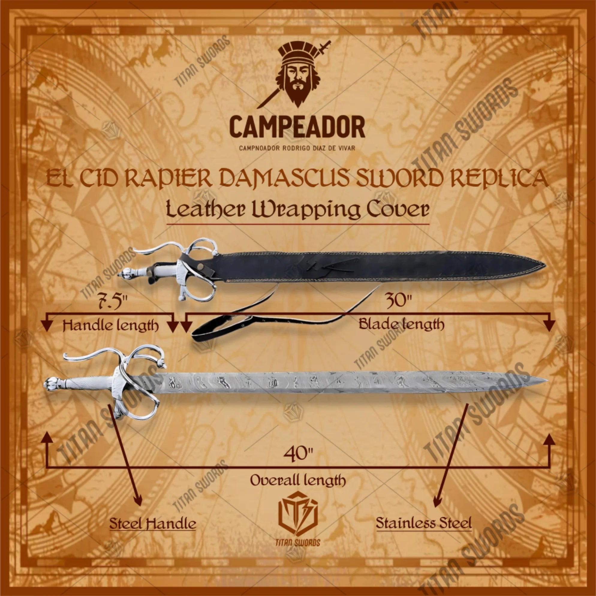 Premium El Cid Tizona Damascus Sword Replica with Spanish engravings.