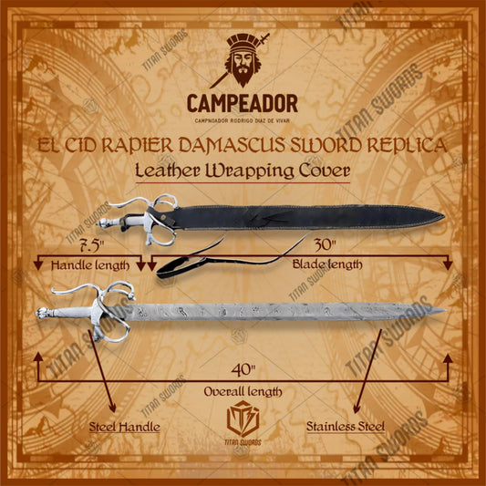 Premium El Cid Tizona Damascus Sword Replica with Spanish engravings.