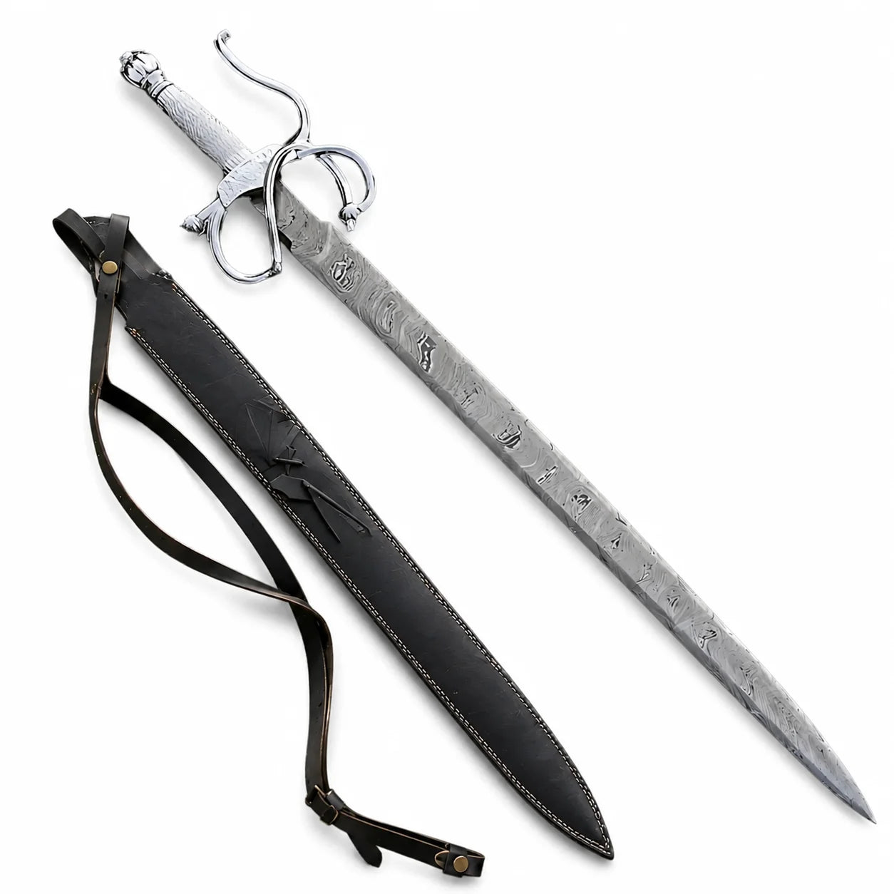 El Cid Damascus Sword prop replica with decorative scabbard on mossy log – medieval display collectible