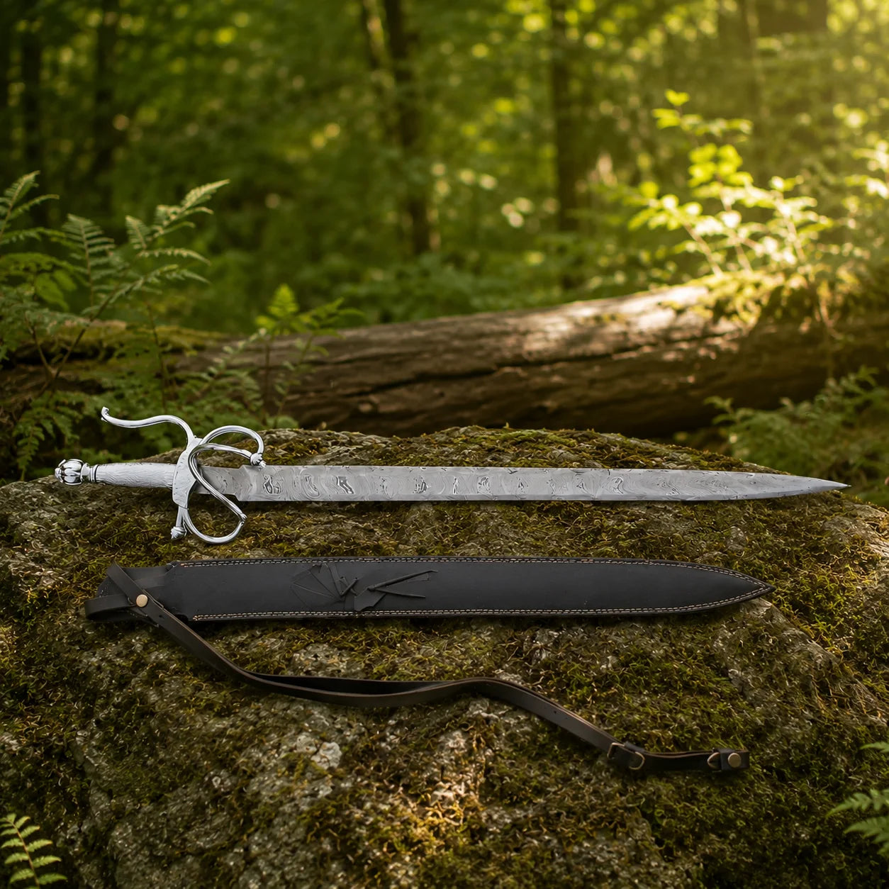 El Cid Damascus Sword prop replica and black leather scabbard resting on mossy rock – medieval collectible