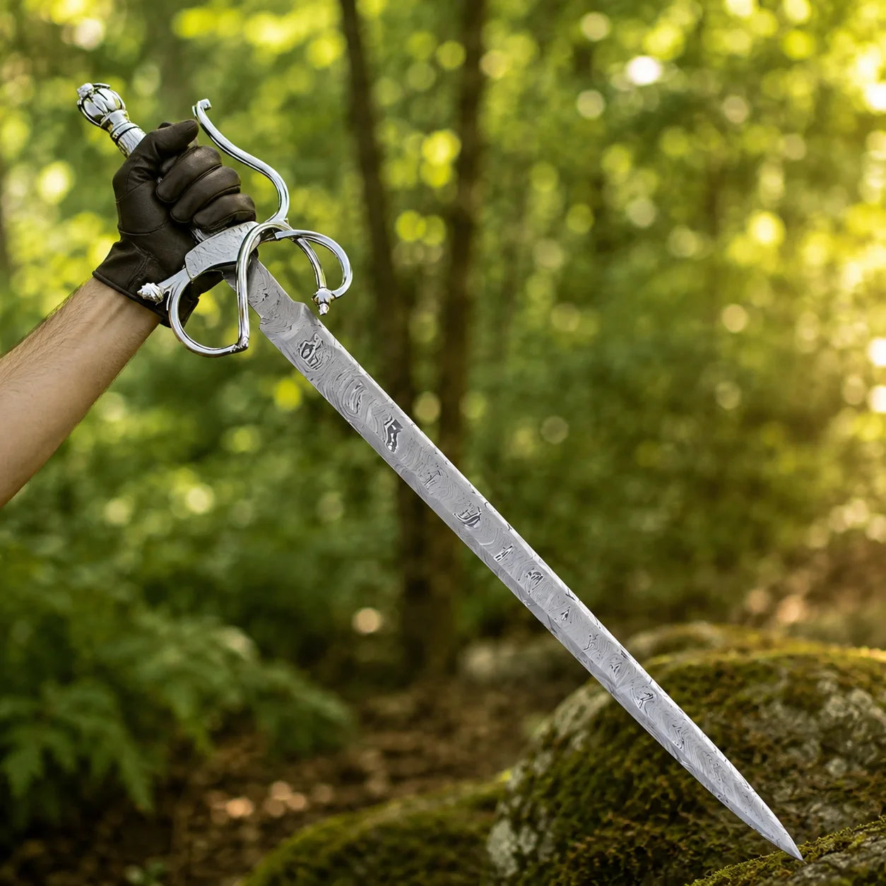 Full-length El Cid Damascus Sword prop replica displayed on mossy stone with scabbard – medieval fan collectible