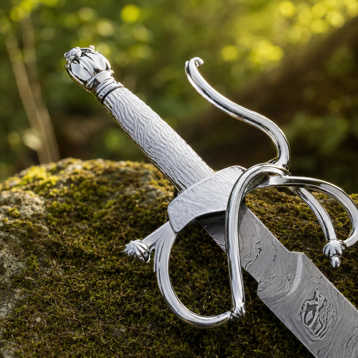 El Cid Damascus Sword prop replica held in gloved hand in forest setting – cosplay display collectible
