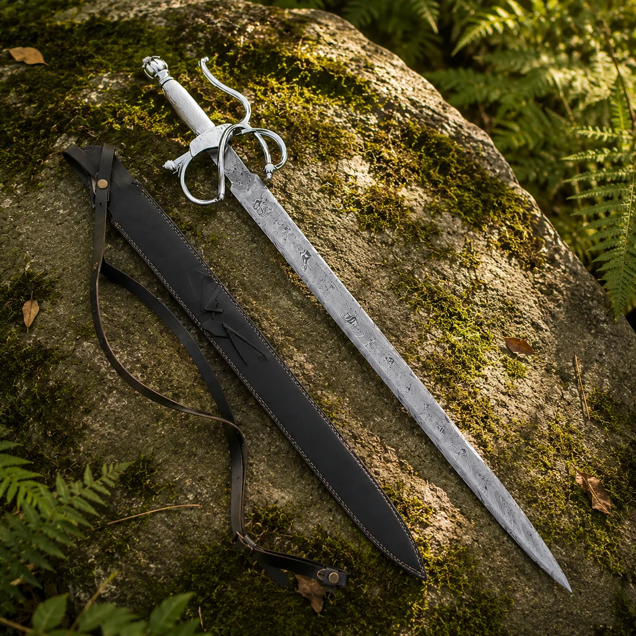 Close-up of damascus-pattern blade tip on El Cid sword prop replica – dull display edge stainless steel