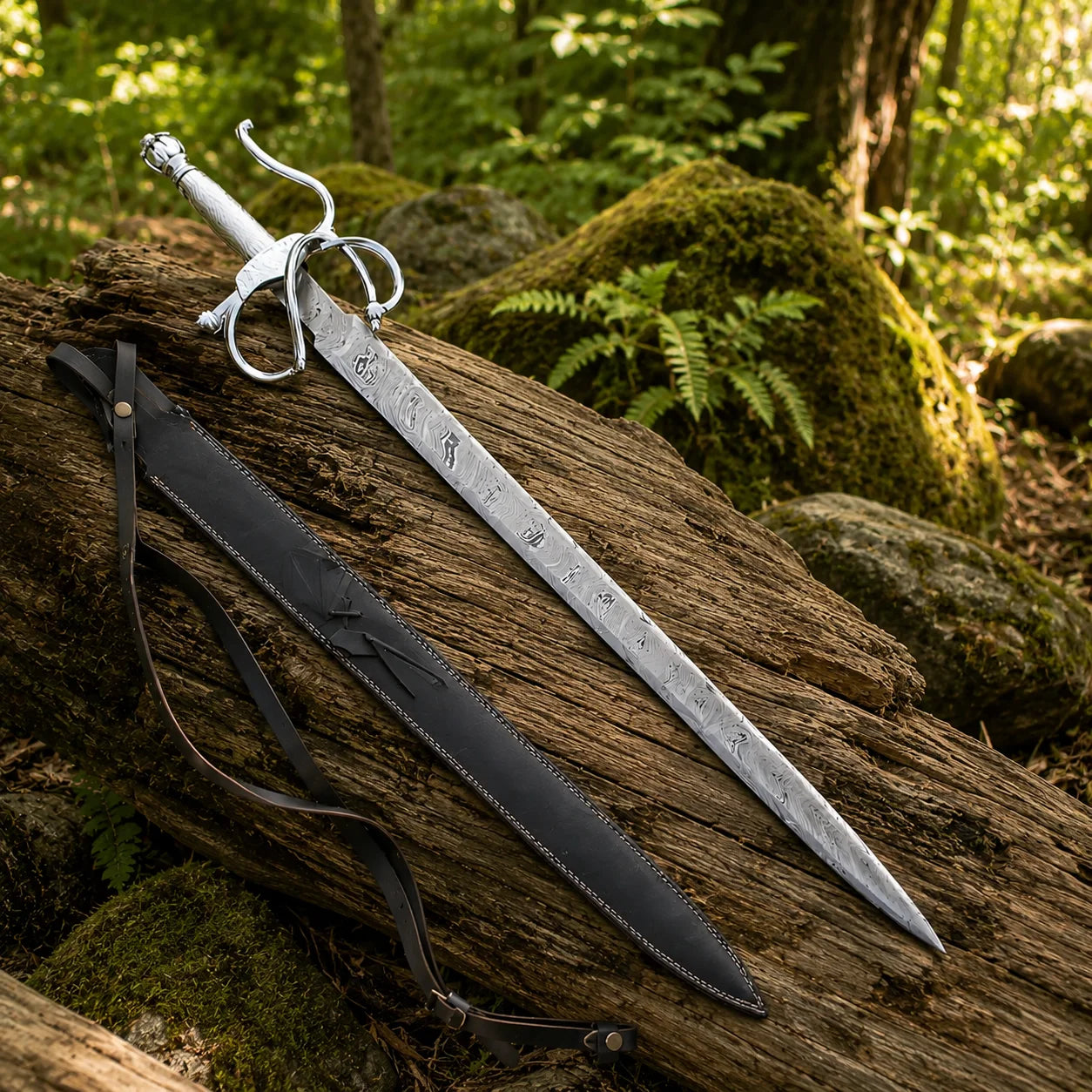 Side view of El Cid Damascus Sword prop replica with ornate crossguard on mossy log – medieval collectible