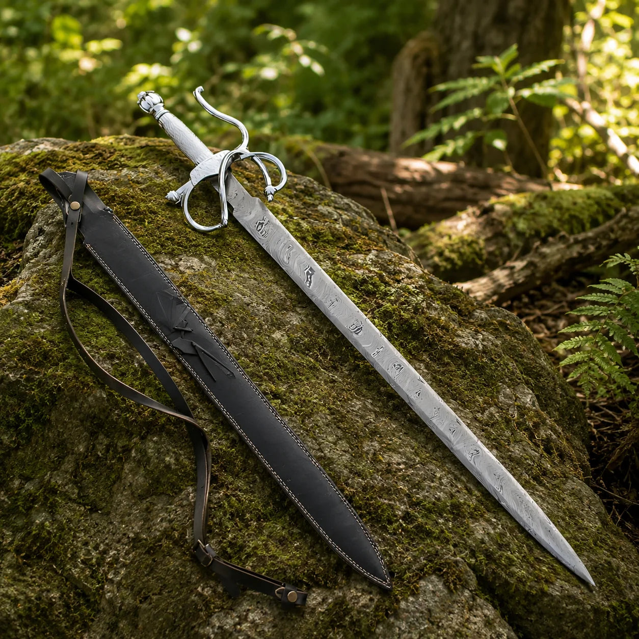 El Cid Damascus Sword prop replica with embossed black leather scabbard in forest – wall display collectible