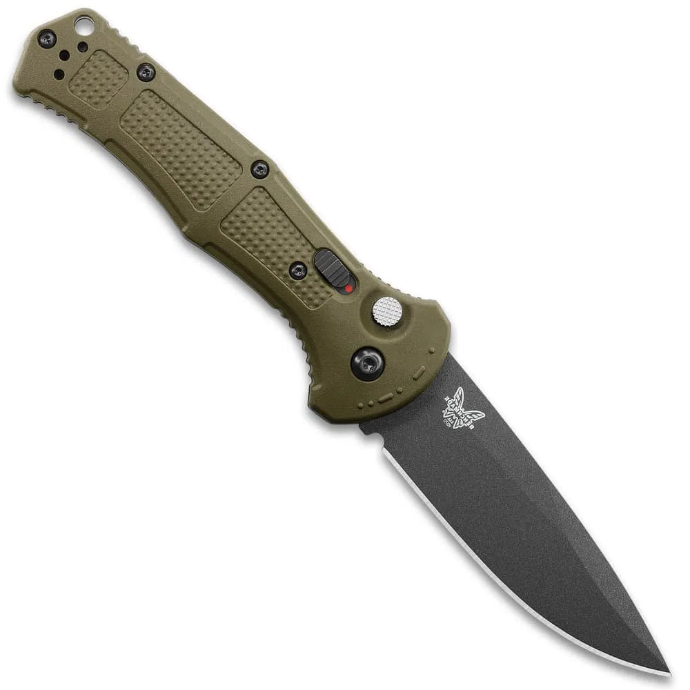 Push-button mechanism with safety Benchmade Claymore
