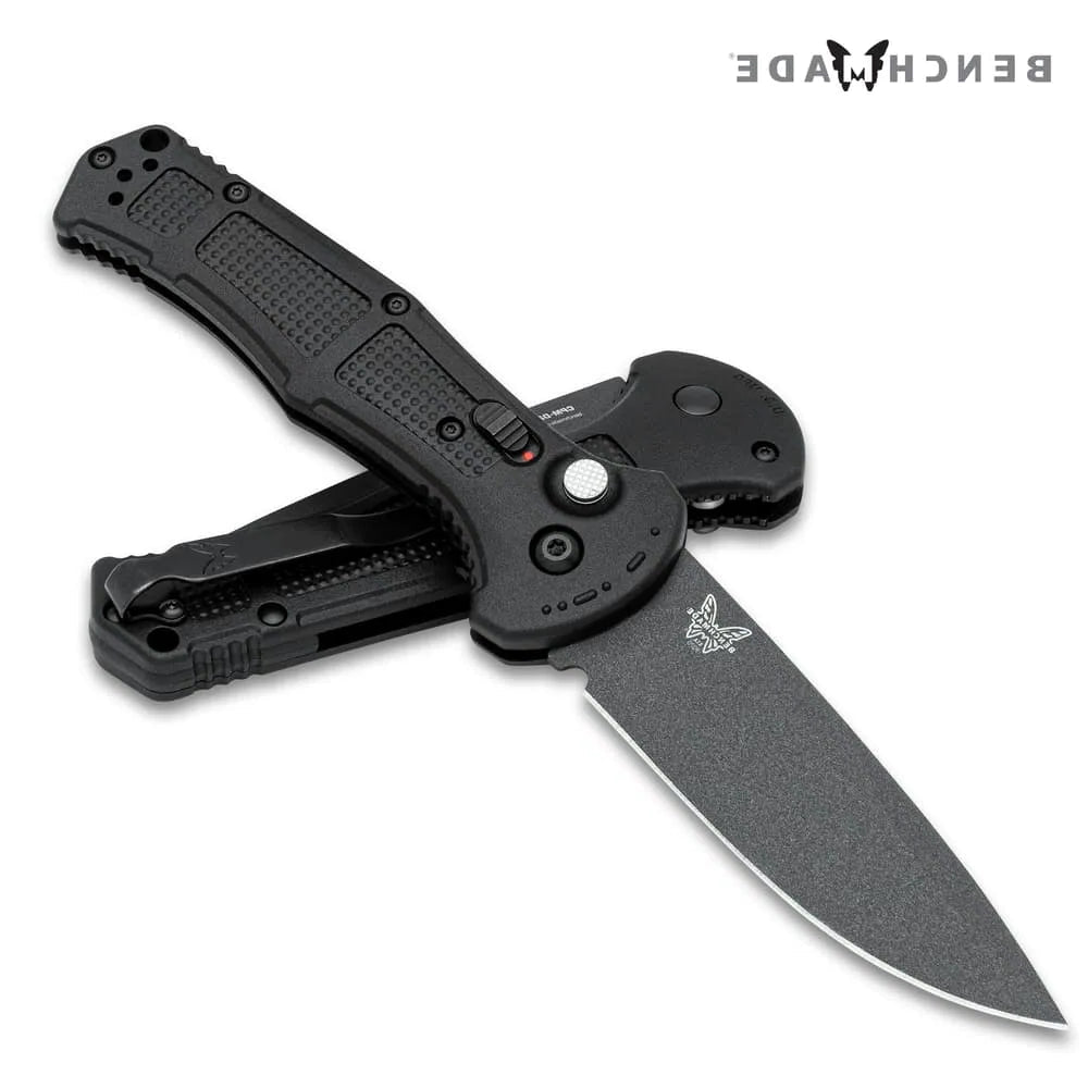 Push-button mechanism with safety Benchmade Claymore