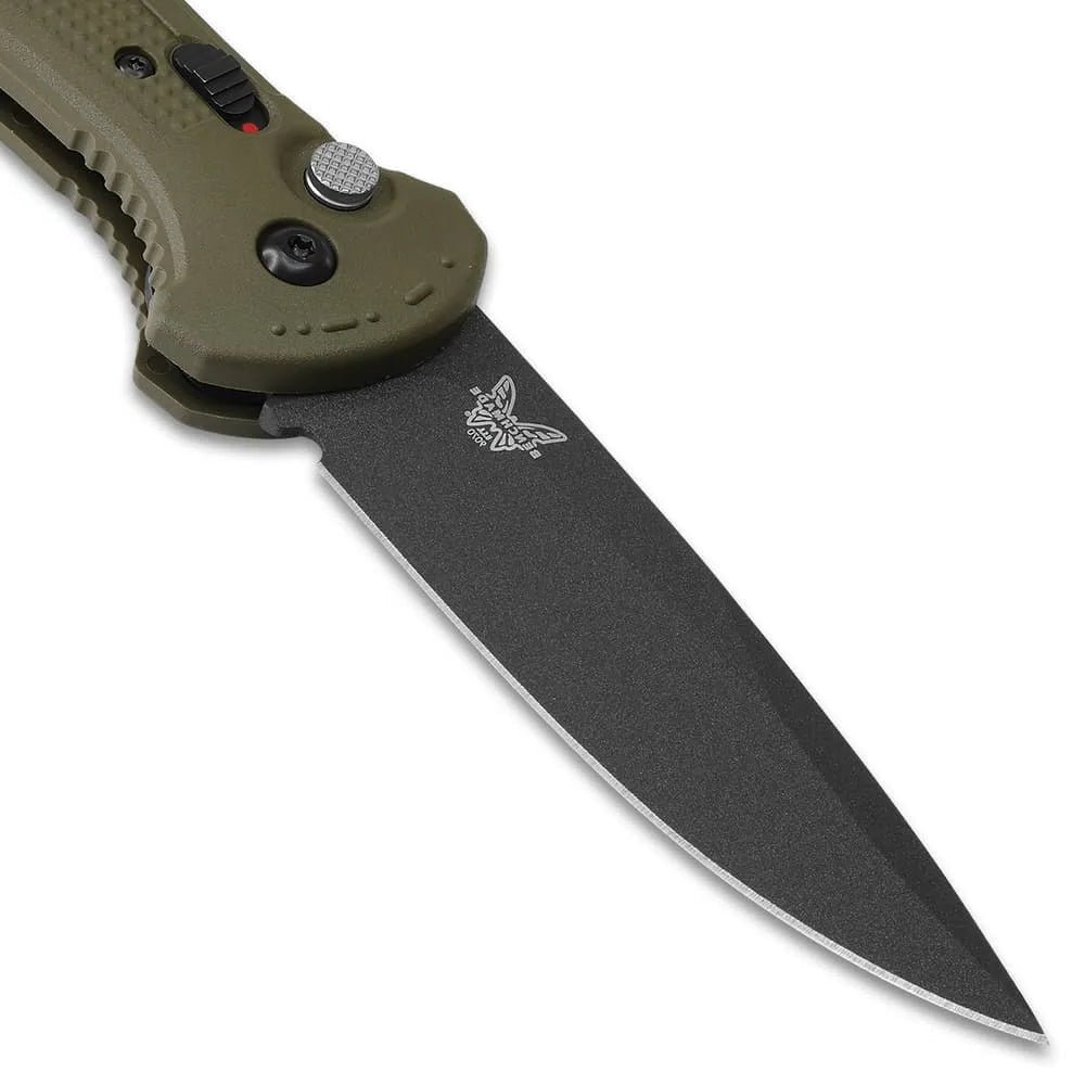 Push-button mechanism with safety Benchmade Claymore