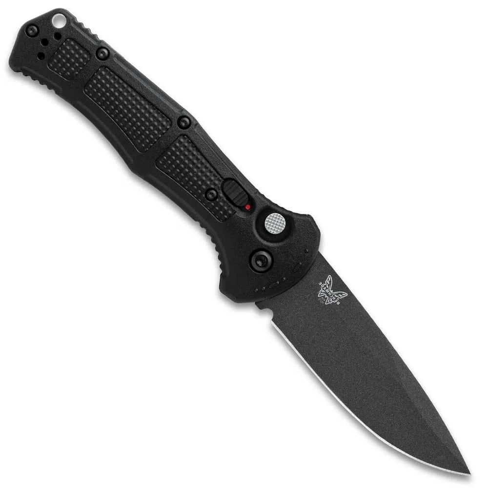 Push-button mechanism with safety Benchmade Claymore