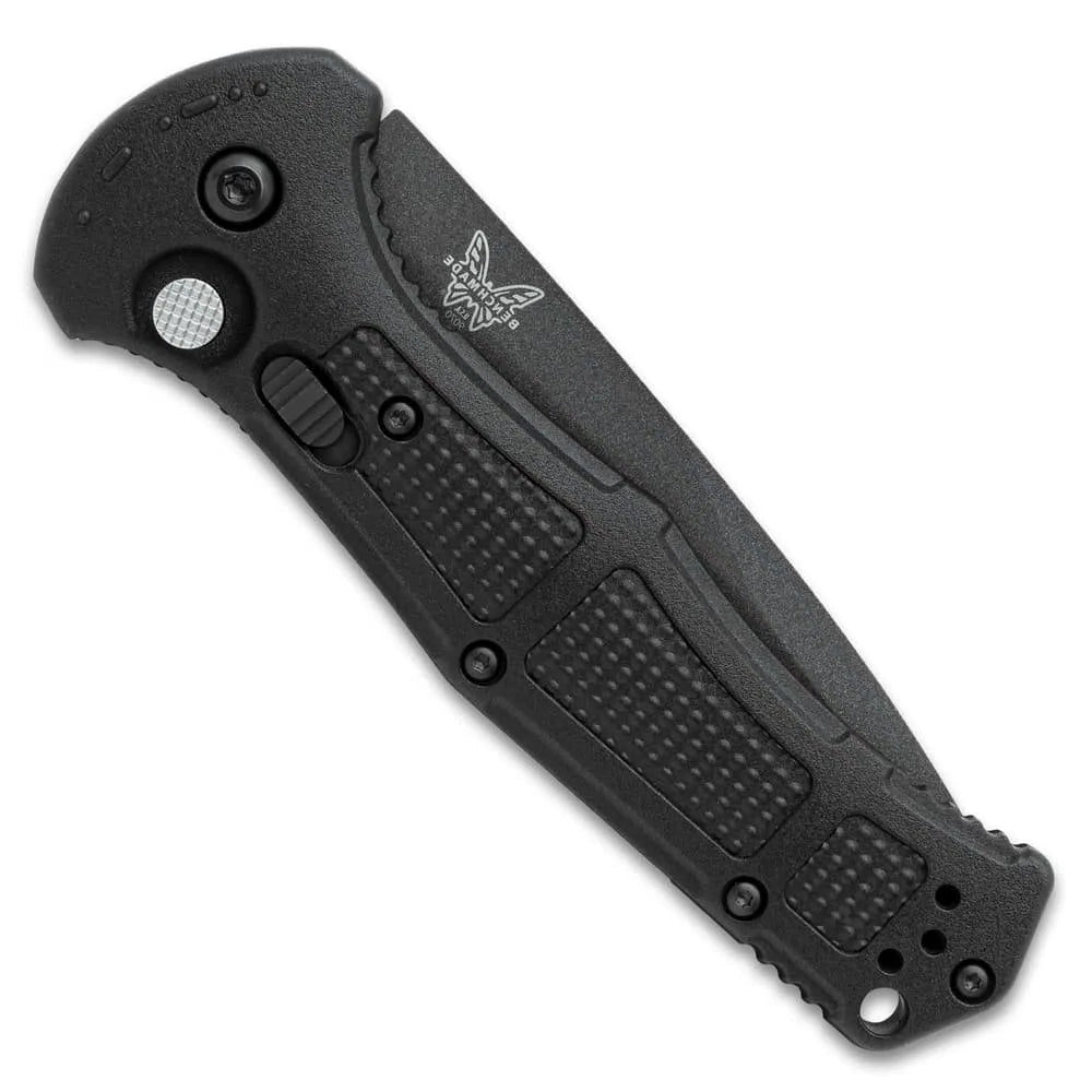 Push-button mechanism with safety Benchmade Claymore