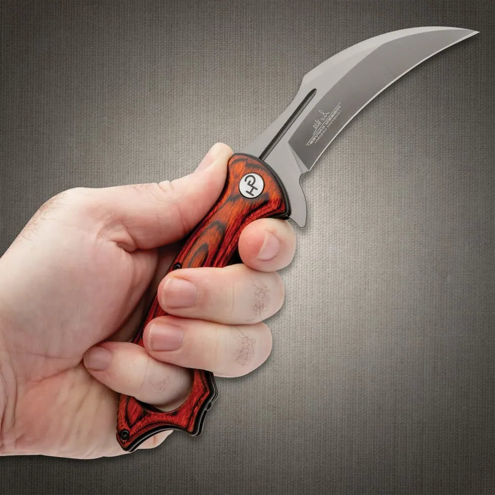 Elite Hibben Warbird folding karambit deployed view