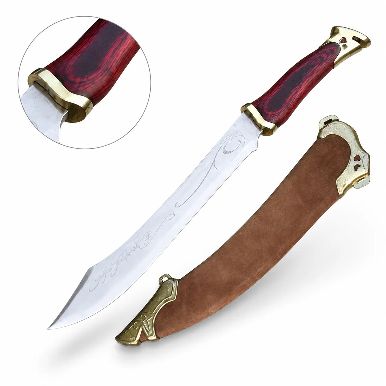 Elven knife of Aragorn prop replica full length on mossy rock showing curved polished silver Elvish blade with Elvish scroll swirl engravings crimson pakkawood grip gold brass crossguard and ornate gold brass pommel – LOTR display collectible