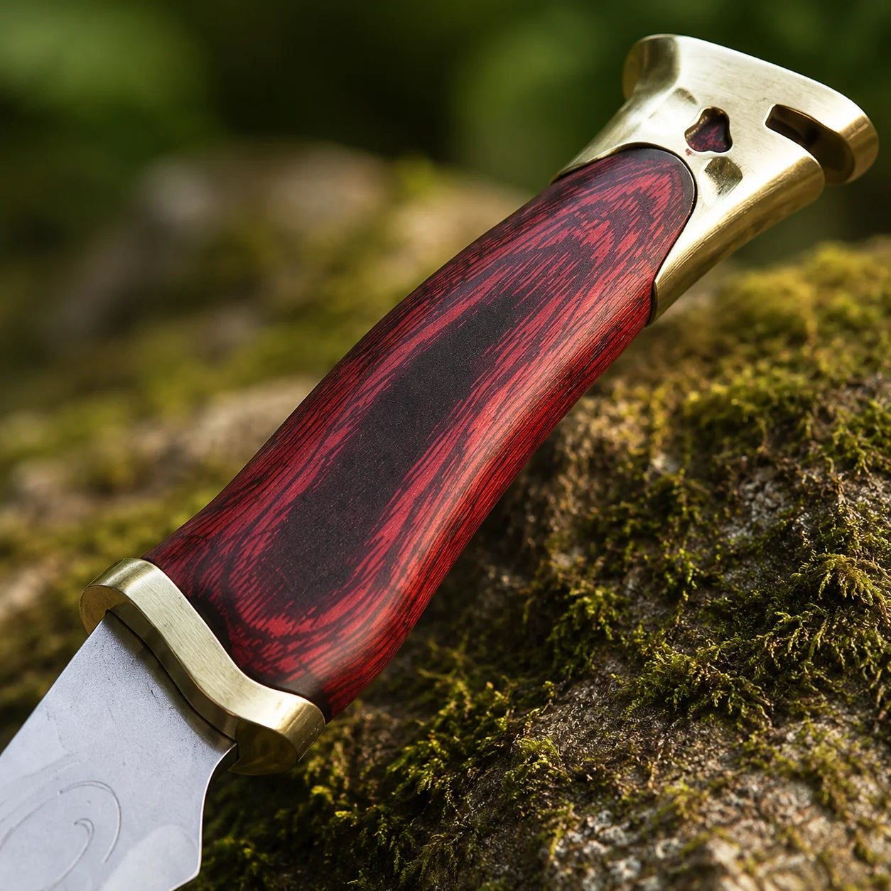 Elven knife of Aragorn prop replica close-up of curved polished silver Elvish blade tip with Elvish scroll swirl engravings in golden bokeh sunlit forest – Tolkien LOTR Strider collectible