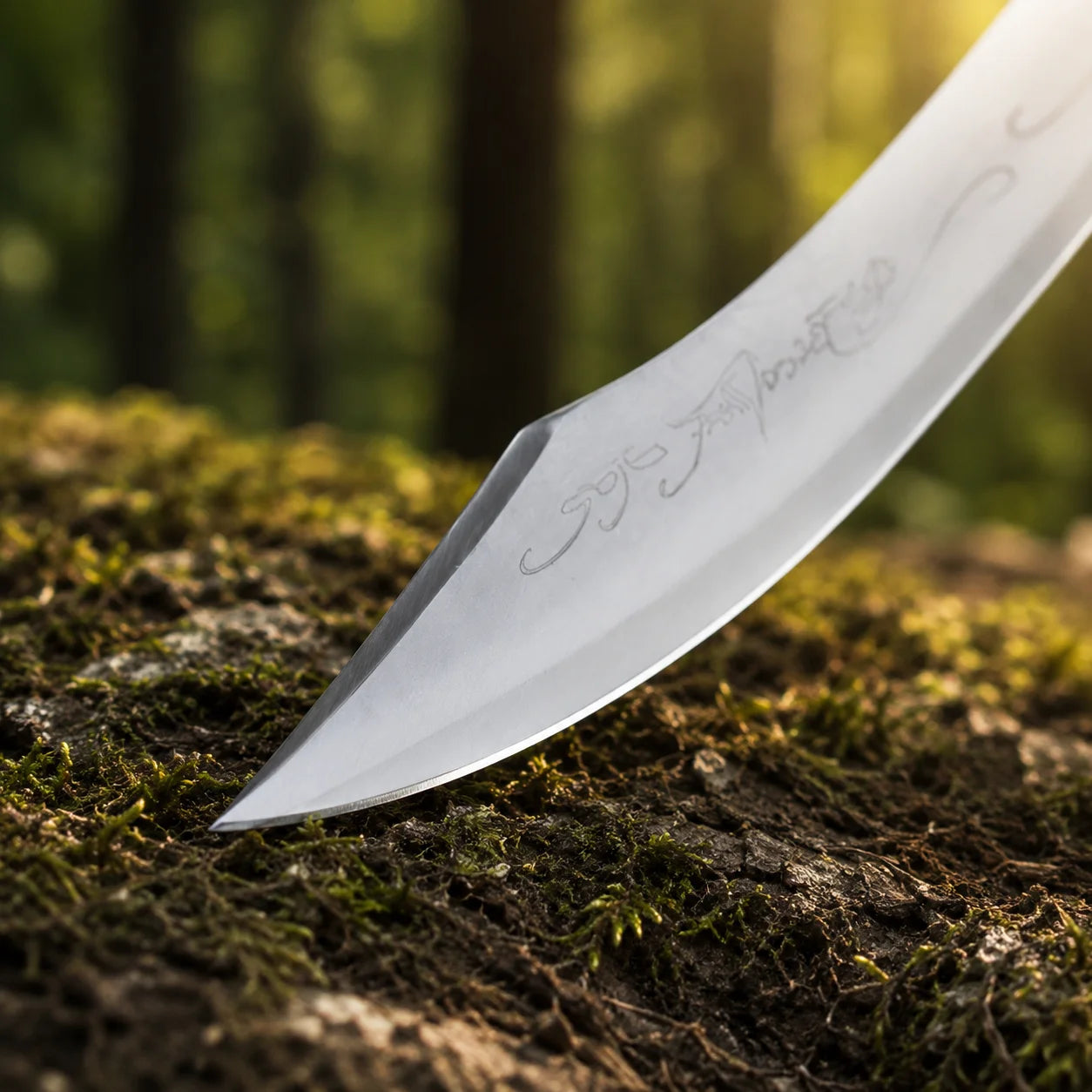 Elven knife of Aragorn prop replica angled hero shot propped on mossy rock in sunlit fern forest showing curved polished silver Elvish blade with scroll engravings crimson pakkawood grip and gold brass pommel – LOTR display collectible