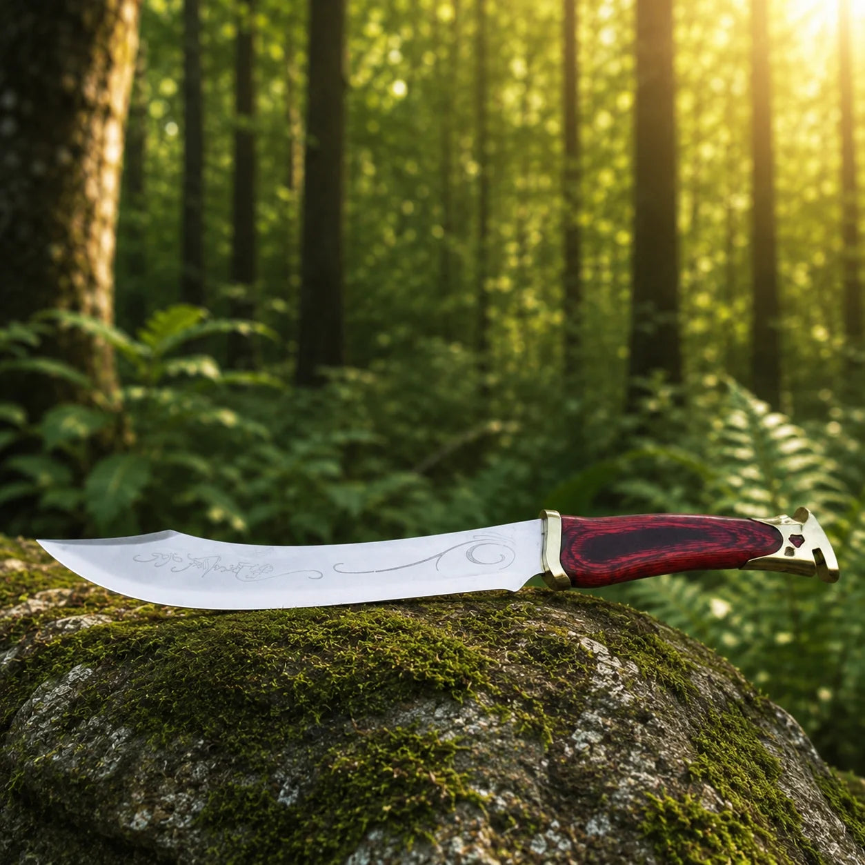 Elven knife of Aragorn prop replica held in gloved hand in sunlit forest showing curved polished silver Elvish blade with scroll engravings crimson pakkawood grip gold brass fittings with brown leather scabbard with gold brass Elvish chape on mossy rock – LOTR cosplay prop