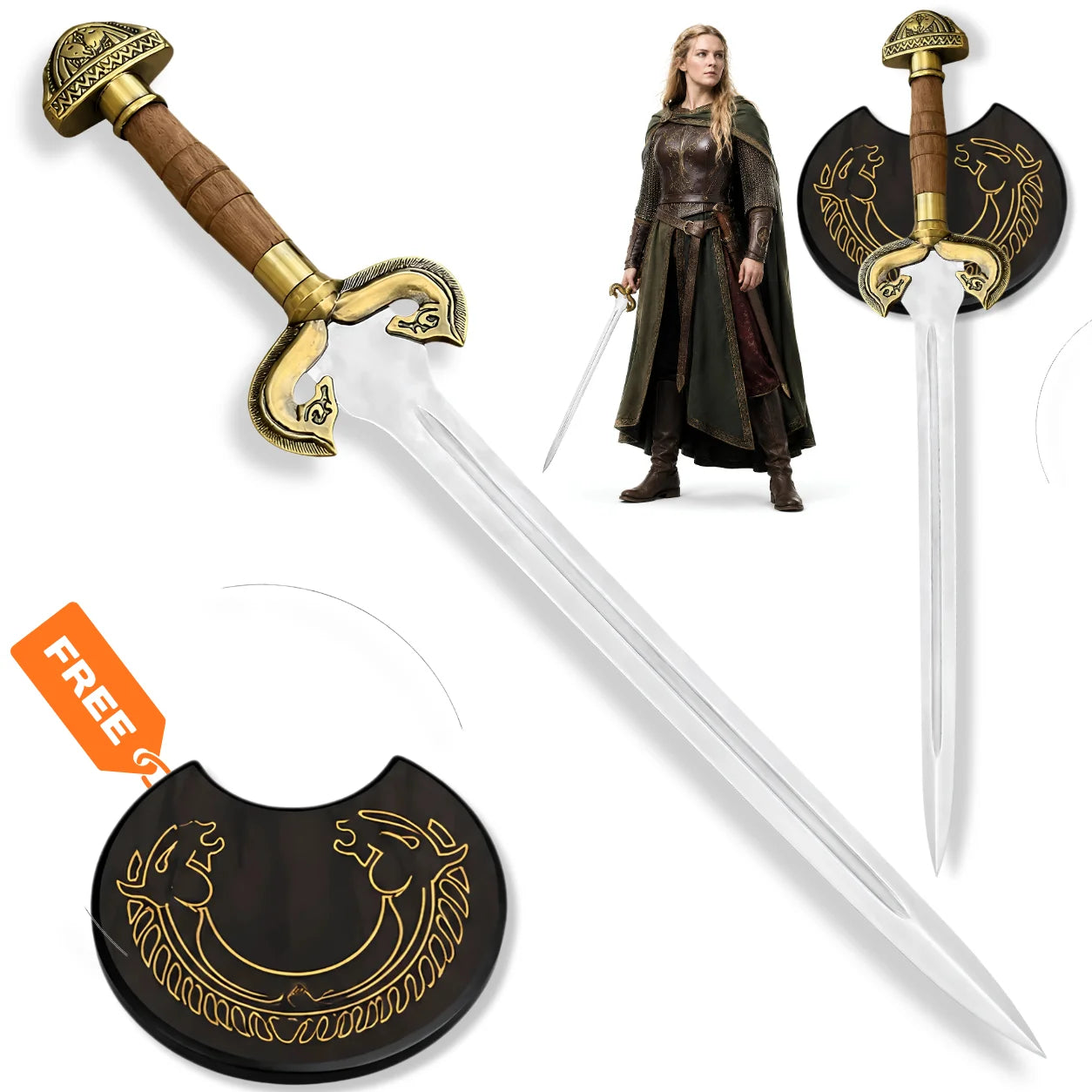 Eowyn Shieldmaiden sword LOTR prop replica with gold hilt and decorative Rohan horse wall display plaque