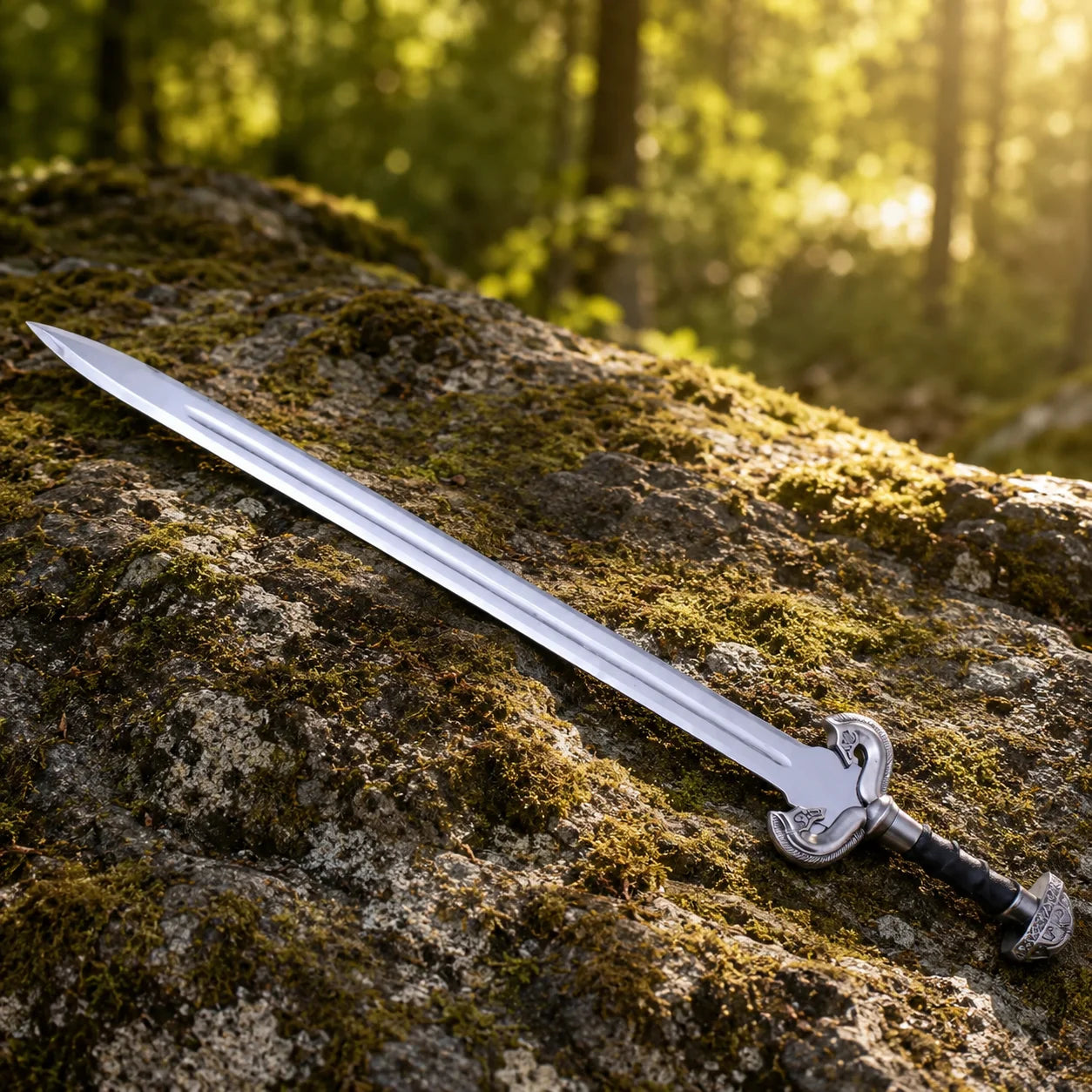 Éowyn sword prop replica close-up of antique brass domed pommel with zigzag chevron engraved border brown ribbed grip and ornate swan-head crossguard in golden bokeh – LOTR Rohirrim display collectible