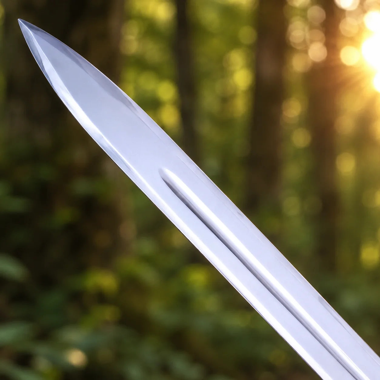 Éowyn sword prop replica full length on mossy forest rock in sunlit golden forest light showing complete polished silver double fuller blade ornate antique brass swan-head crossguard and domed brass pommel – LOTR fan gift
