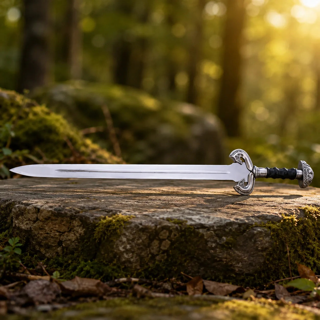 Éowyn sword prop replica held aloft in gloved hand in sunlit forest showing full polished double fuller blade ornate antique brass swan-head D-guard crossguard brown leather ribbed grip and domed brass pommel – LOTR cosplay prop