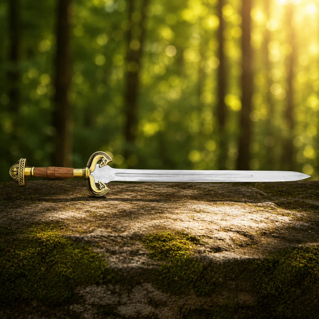 Éowyn sword prop replica full length on mossy forest rock in golden bokeh showing complete polished silver double fuller blade ornate brass swan-head crossguard and brown leather grip – LOTR Rohirrim cosplay prop