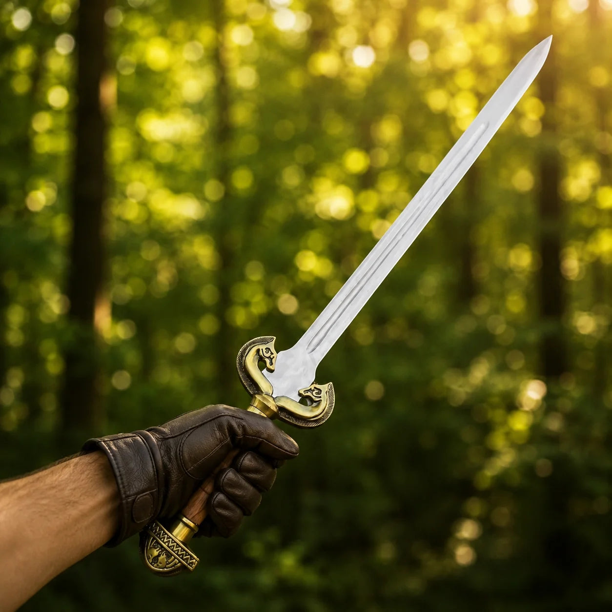 Éowyn sword prop replica full length on mossy stone in sunlit forest showing complete polished silver double fuller blade ornate antique brass crossguard brown leather ribbed grip and domed brass pommel – LOTR Tolkien fan gift