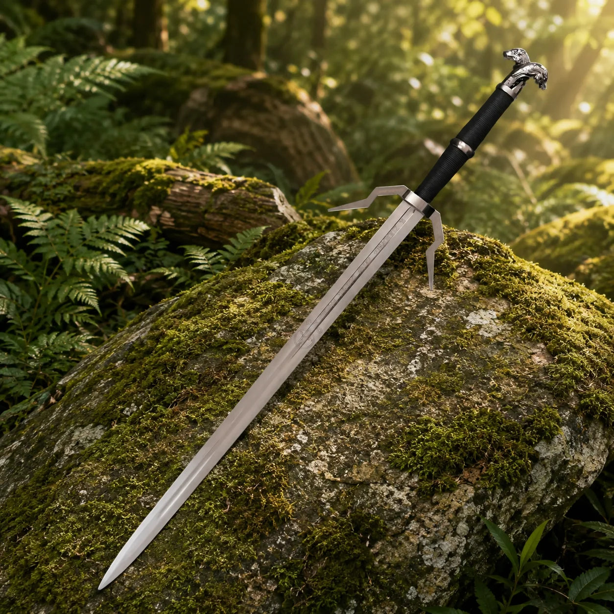 Wolf-head pommel detail on Geralt's silver sword prop replica – The Witcher fan collectible