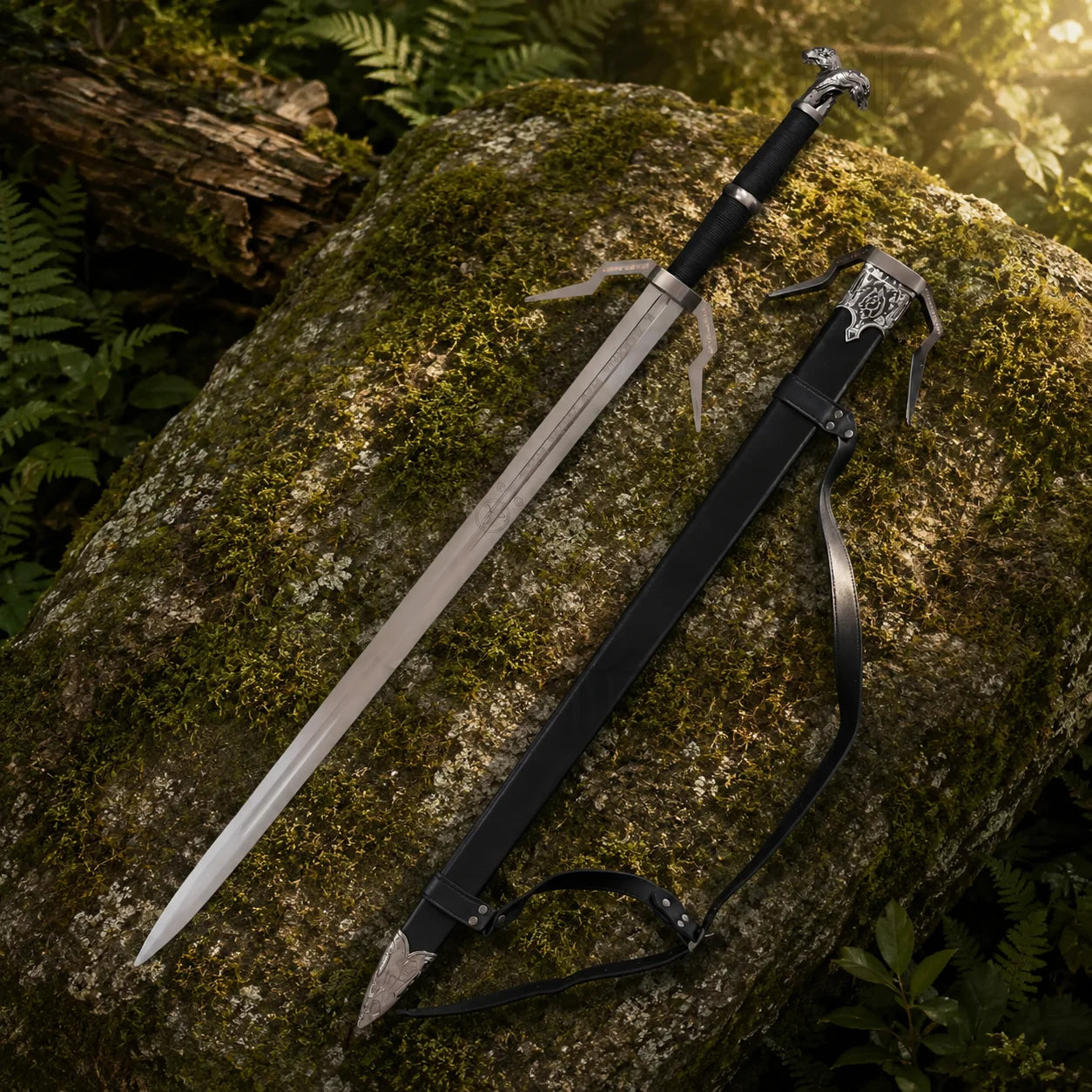 Full-length Geralt silver sword prop replica in forest setting – The Witcher fantasy collectible
