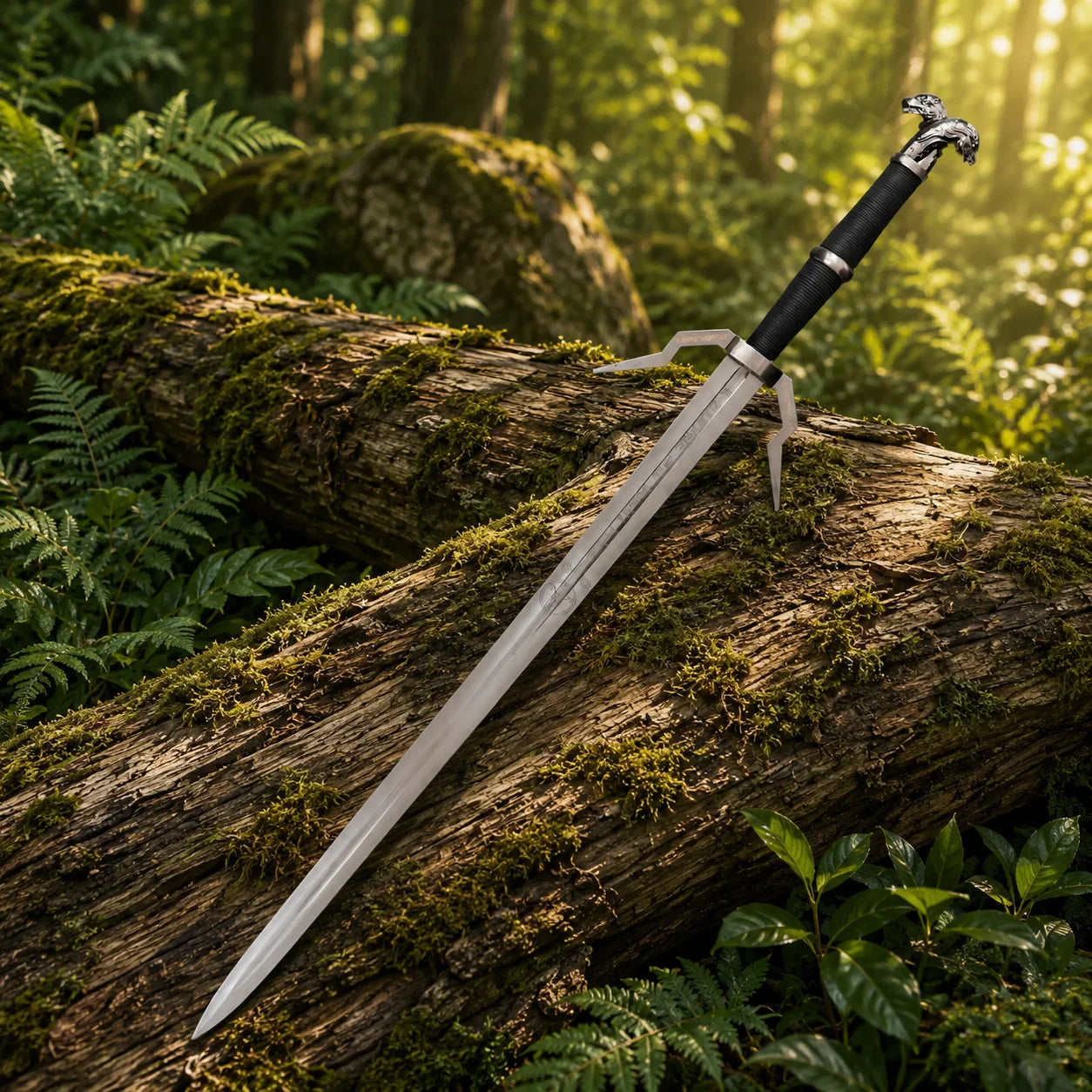 Geralt silver sword prop replica blade tip detail outdoors – Witcher display collectible