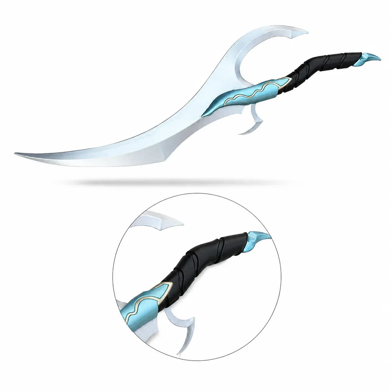 Fantasy foam curved sword with silver blade, black handle, and teal blue guard on white background with close-up detail.