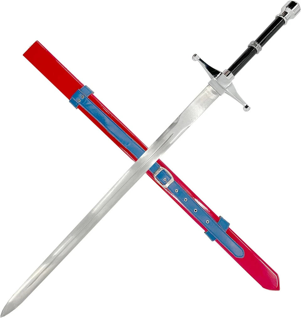 Full-length Fate Stay Night Archer Shirou Emiya display sword with polished steel blade, black grip, silver pommel, and red leather scabbard with blue belt strap