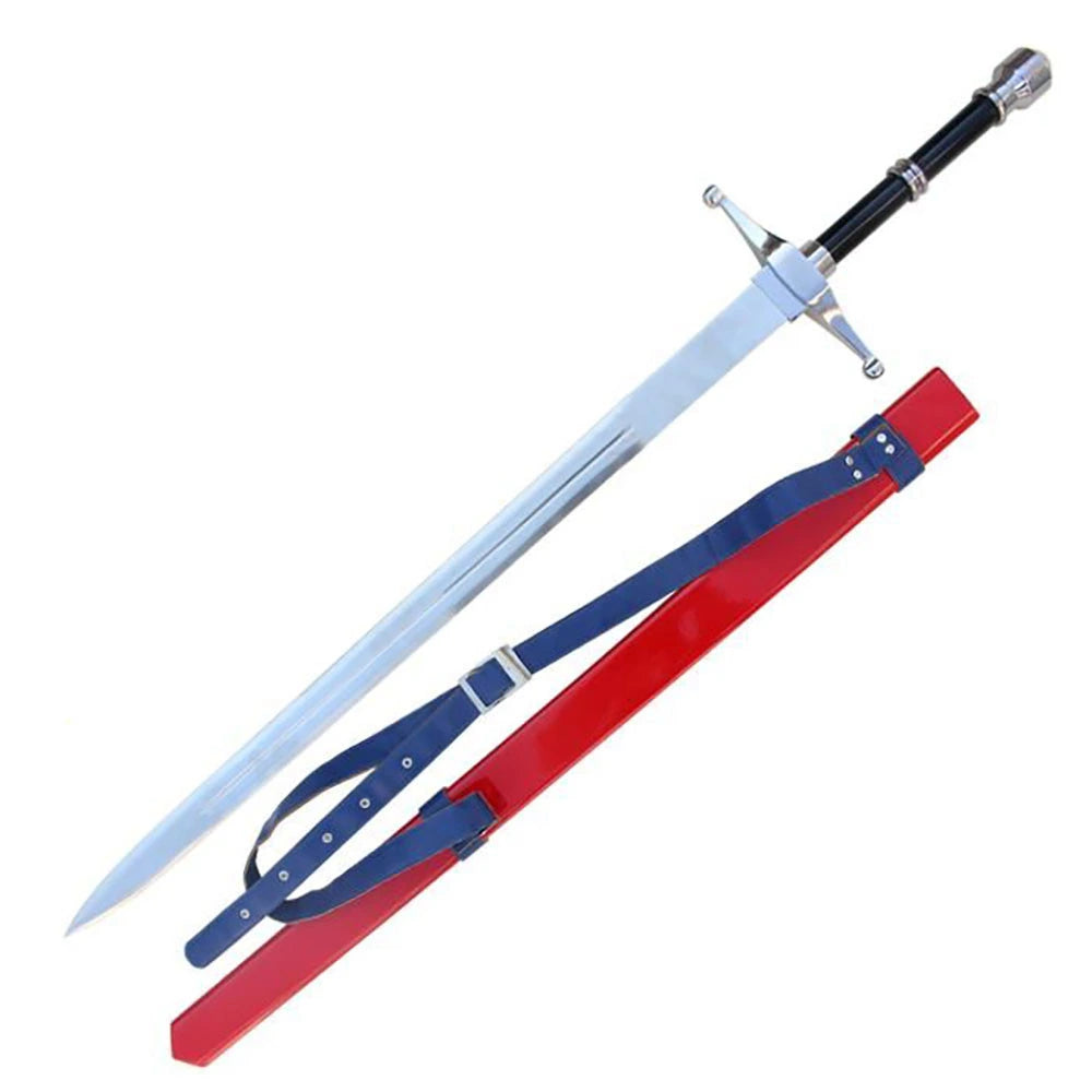 Fate Stay Night Archer Shirou Emiya cosplay sword laid beside red and blue leather scabbard, displaying full blade length and black wrapped handle