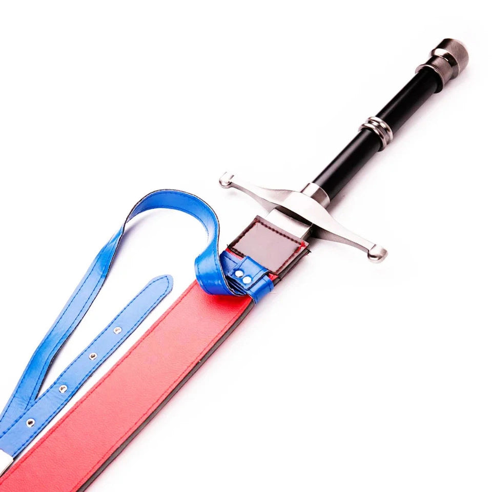 Close-up of Fate Stay Night Archer Shirou Emiya sword partially sheathed in red leather scabbard with blue strap and silver crossguard