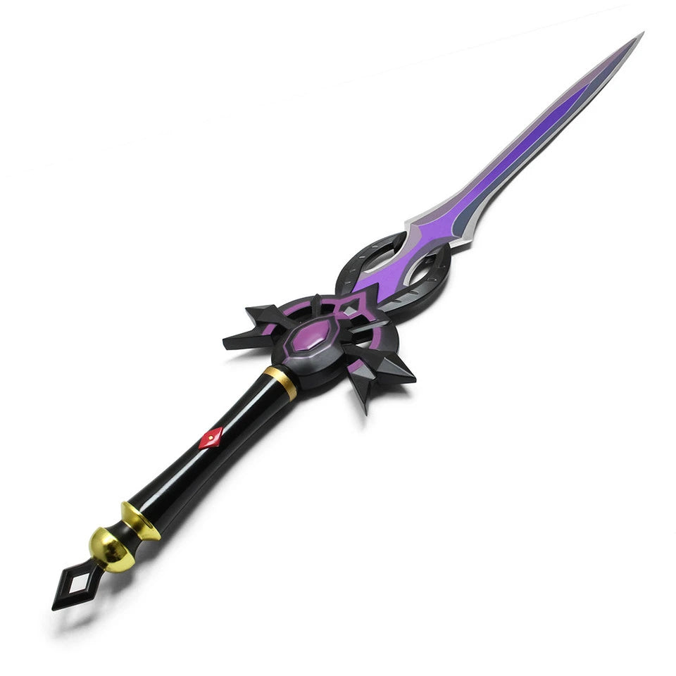 Full-length Furina Festering Desire Sword display collectible featuring premium stainless steel construction, vibrant purple detailing, decorative display finish, and collector-quality presentation for Genshin Impact fans, gaming rooms, and cosplay photography.