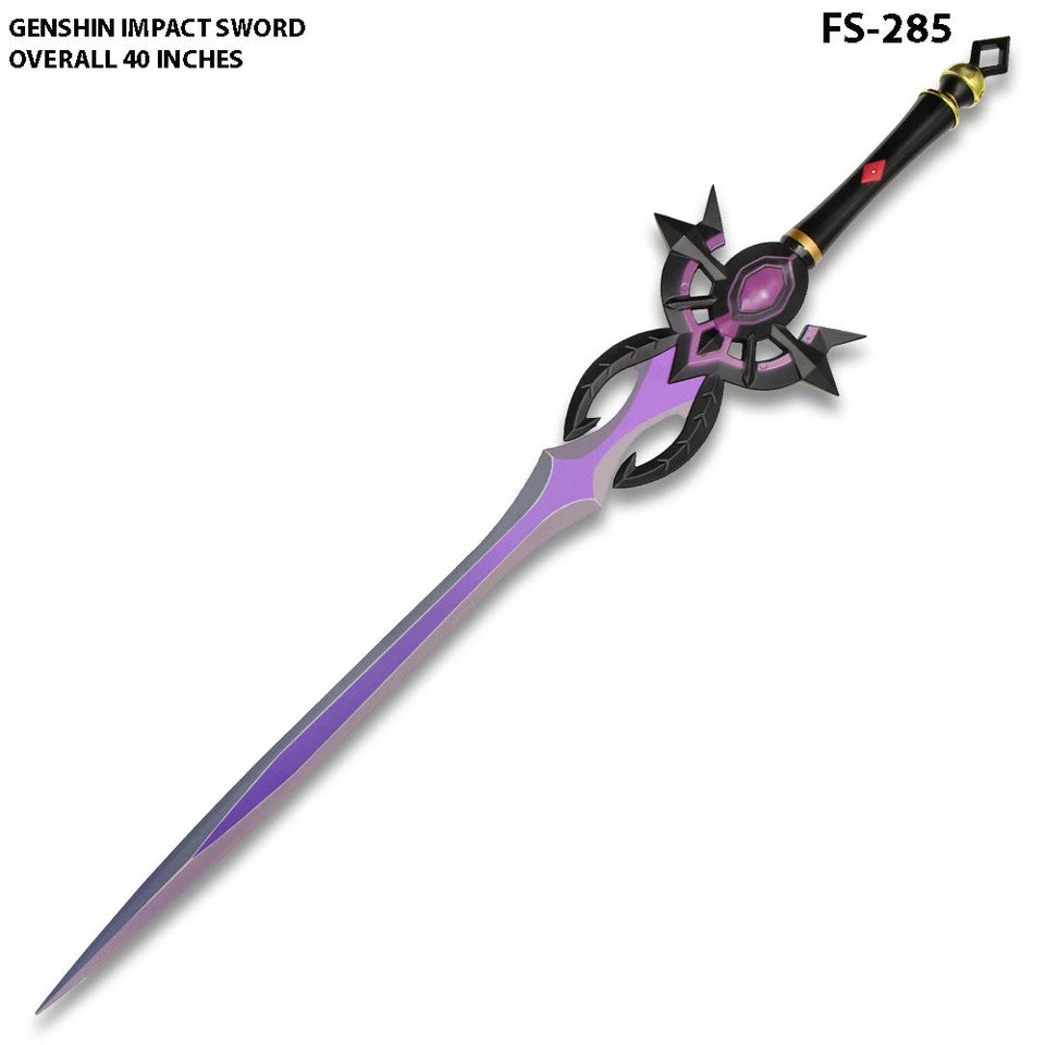 Close-up of the Furina Festering Desire Sword display collectible showcasing intricate engravings, detailed crossguard, elegant purple decorative elements, premium handle craftsmanship, and game-inspired styling from Genshin Impact.