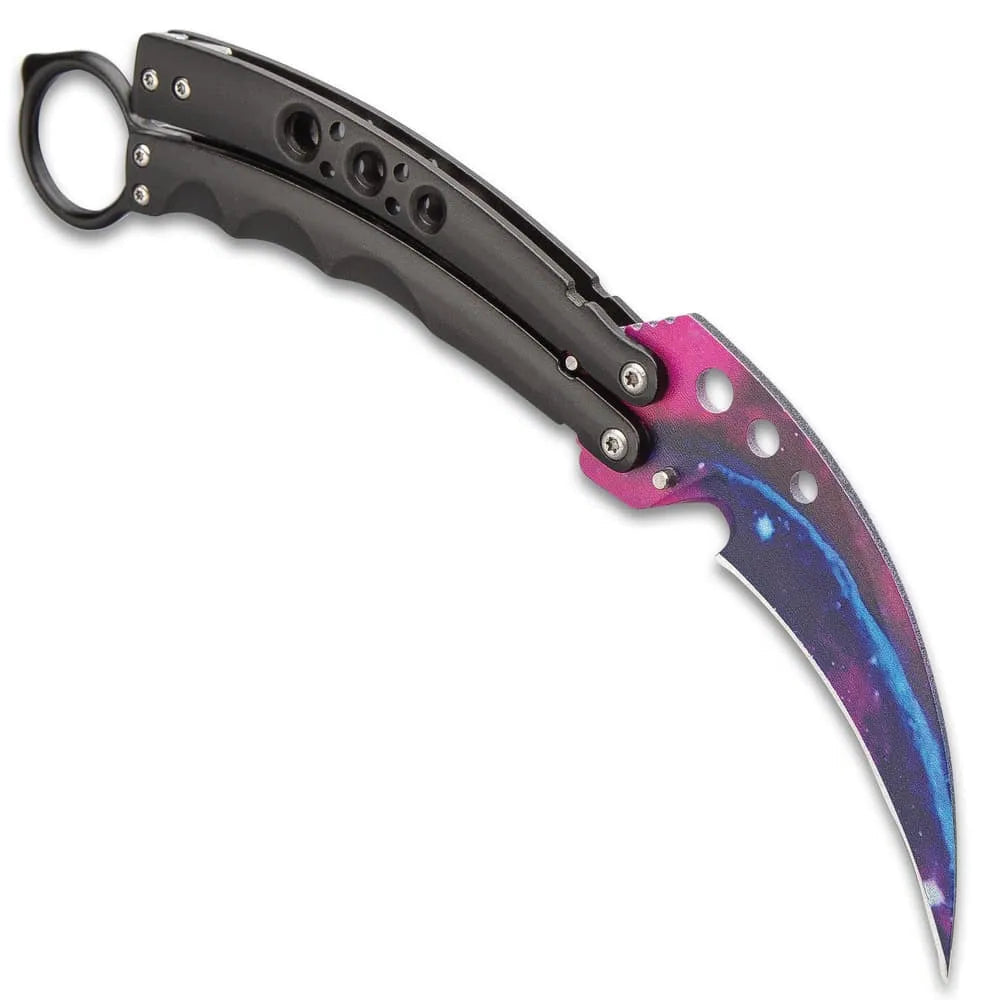 Elite Galaxy Karambit Balisong Knife open flip view