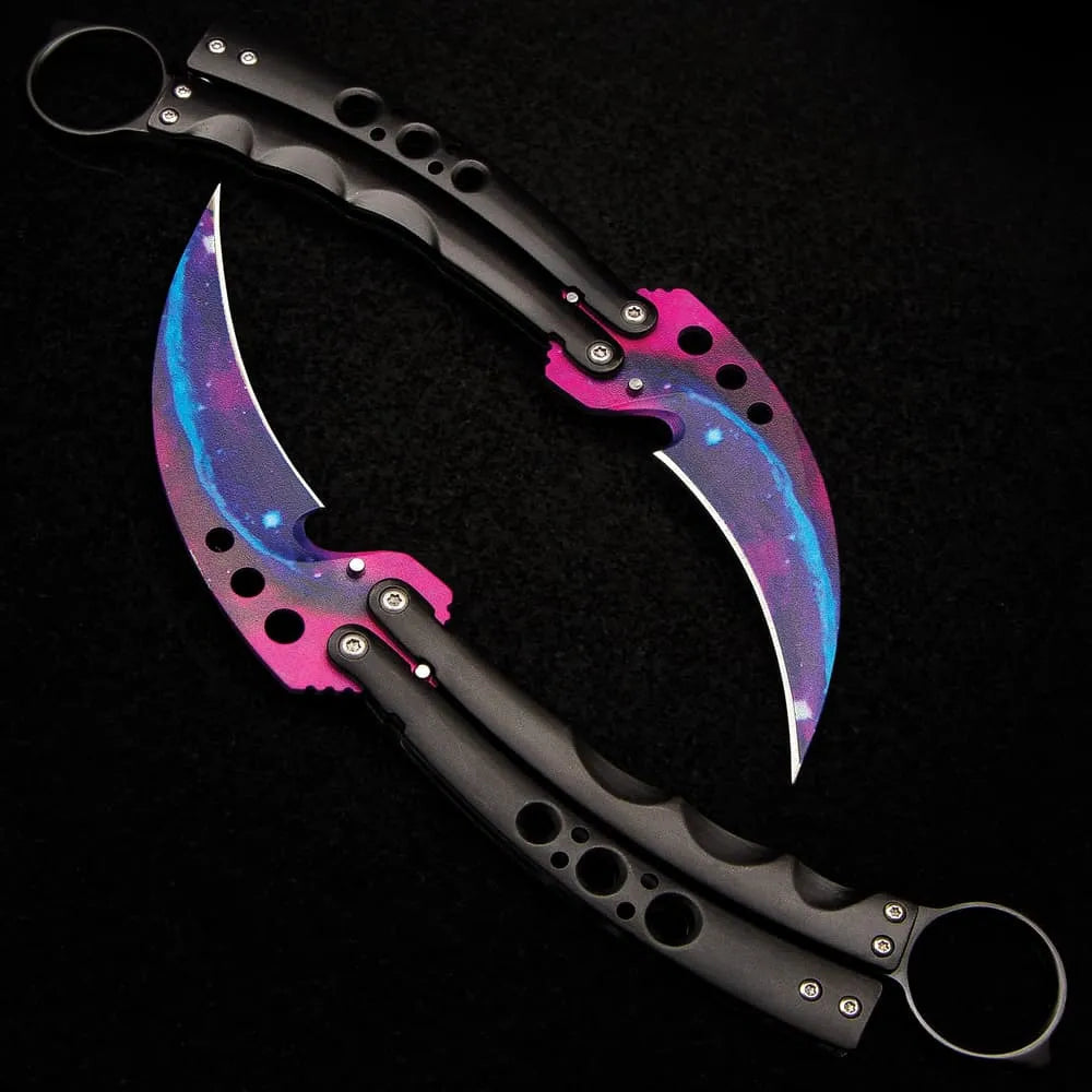 Elite Galaxy Karambit Balisong Knife open flip view