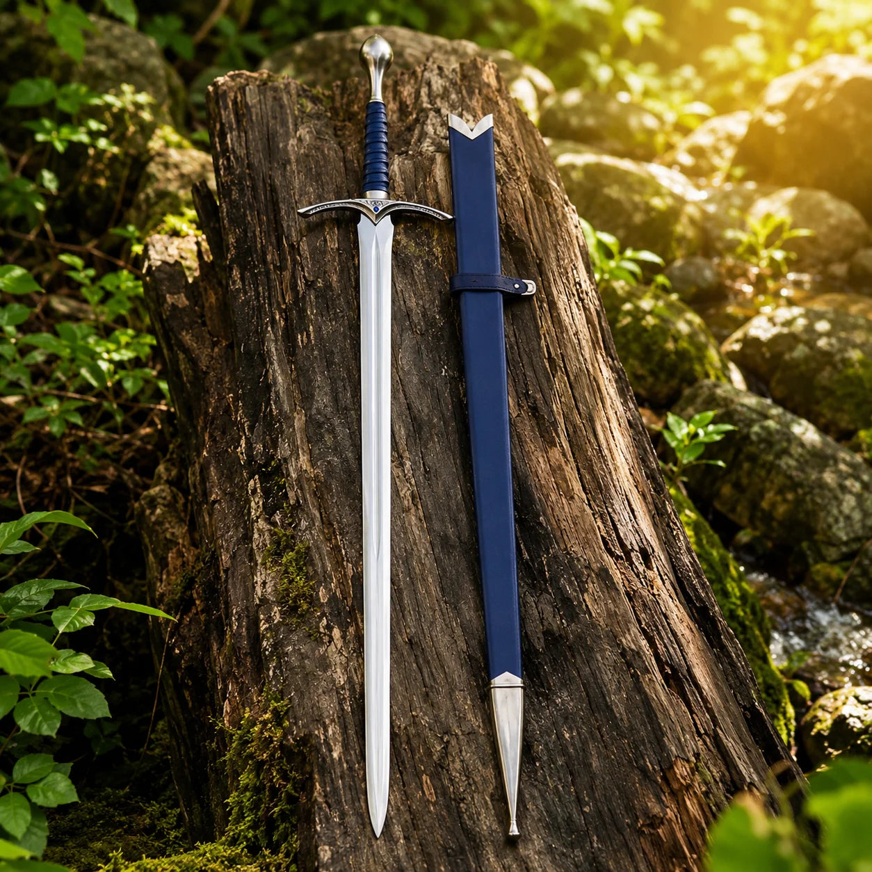 Close-up of Glamdring prop replica blade tip on mossy log – Lord of the Rings display piece
