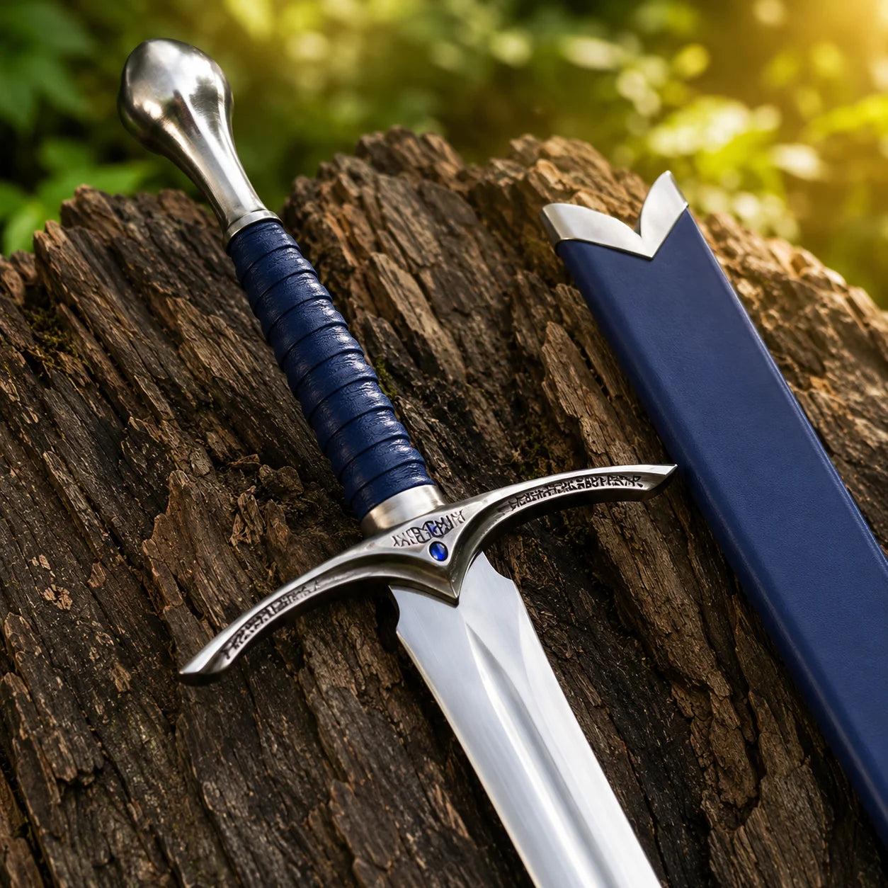 Gloved hand holding Glamdring sword prop replica outdoors with scabbard – LOTR cosplay accessory