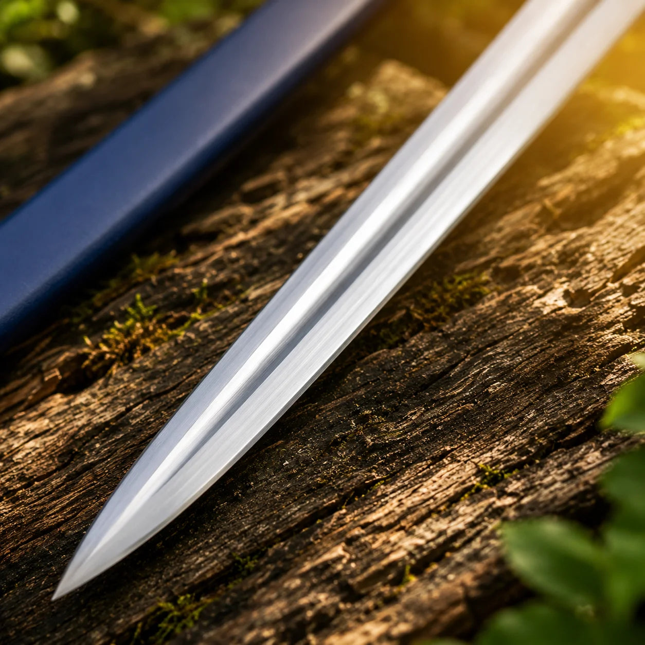 Gandalf's Glamdring sword prop replica and navy scabbard on mossy forest log – LOTR fan gift