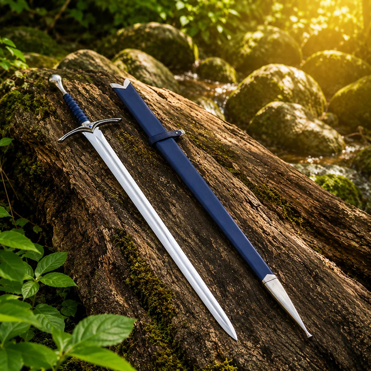 Glamdring elven sword prop replica full length side view on forest log – Tolkien display collectible