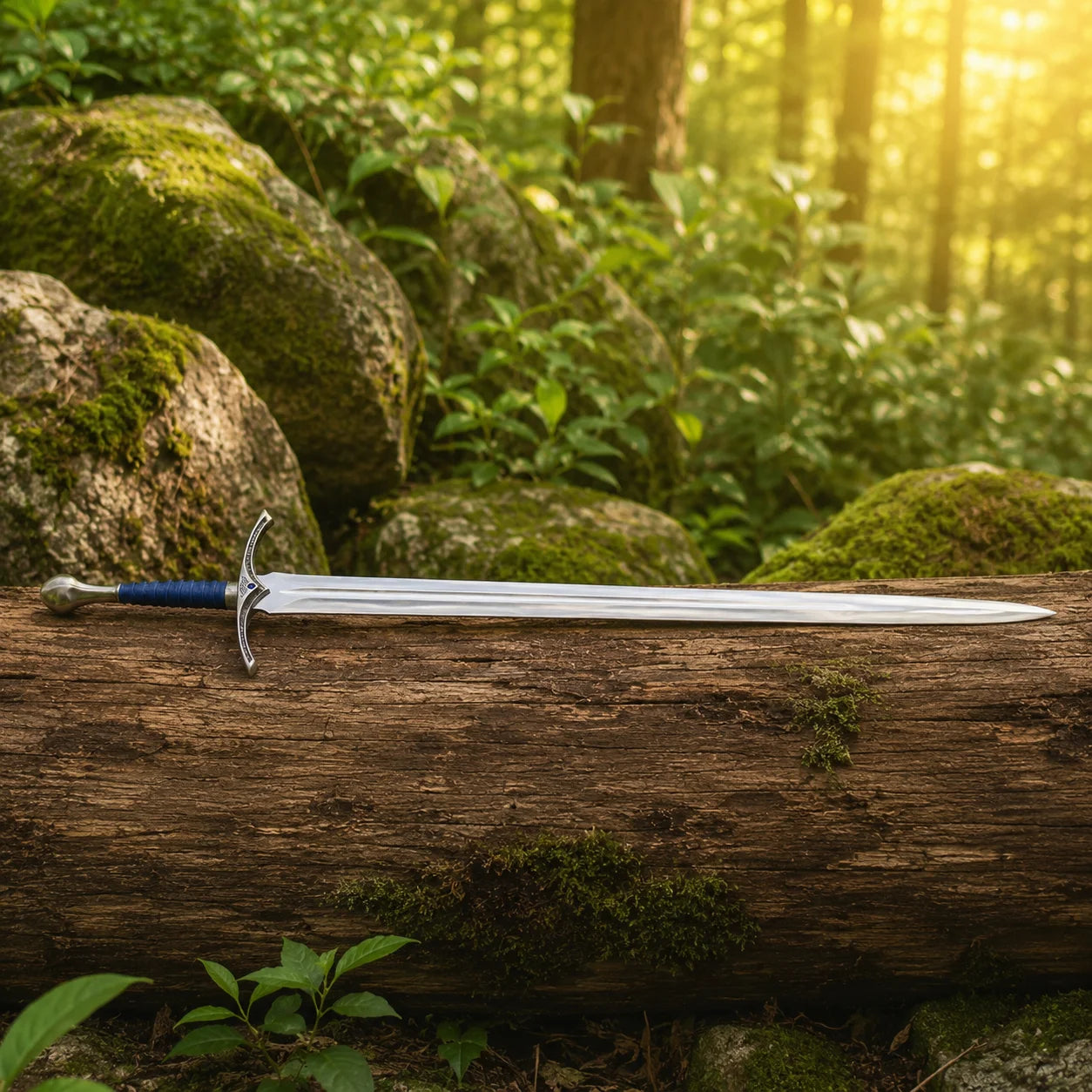 Glamdring sword prop replica full length on forest log with blue scabbard – Lord of the Rings fan gift