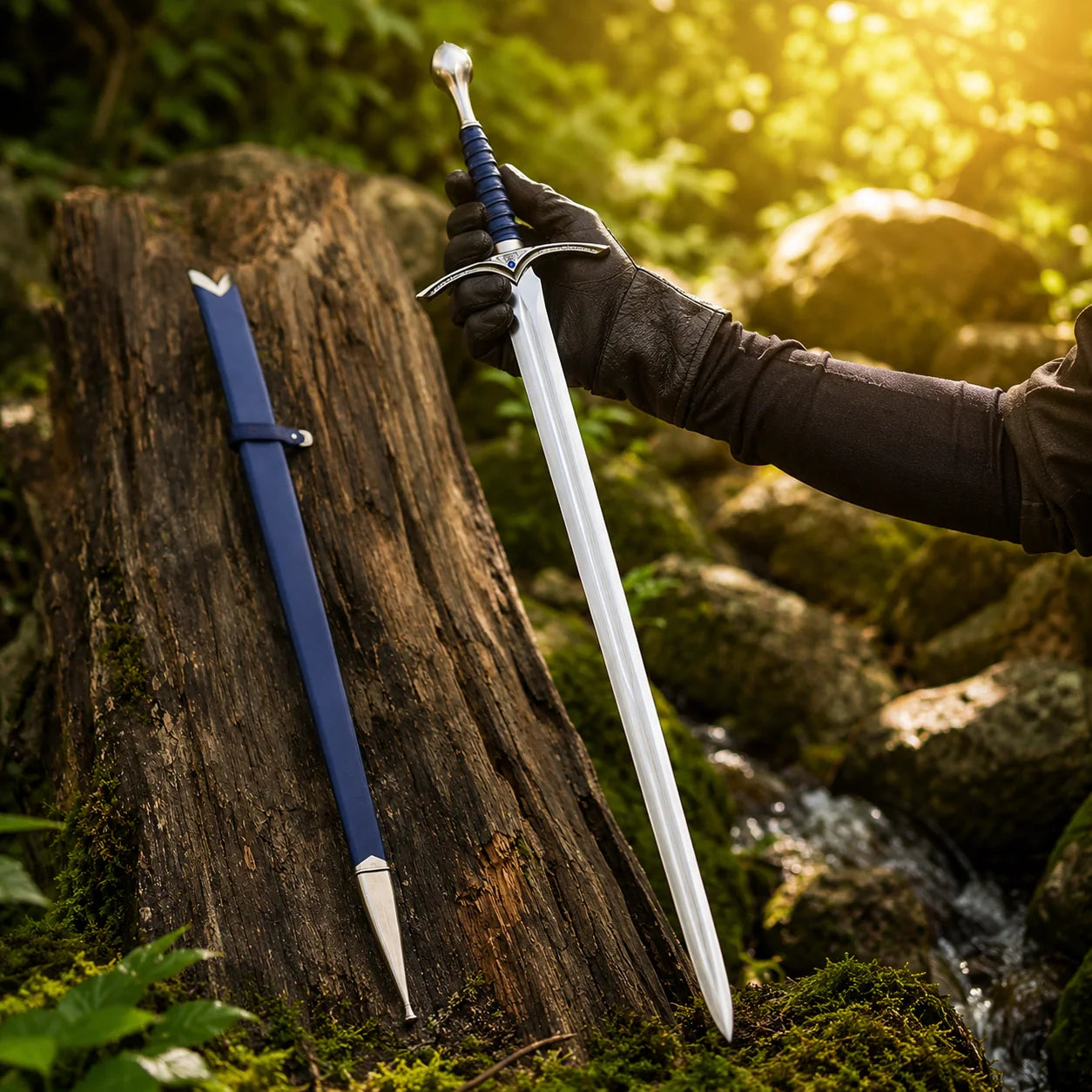 Gandalf Glamdring prop replica full length overhead view on mossy log – LOTR fantasy collectible