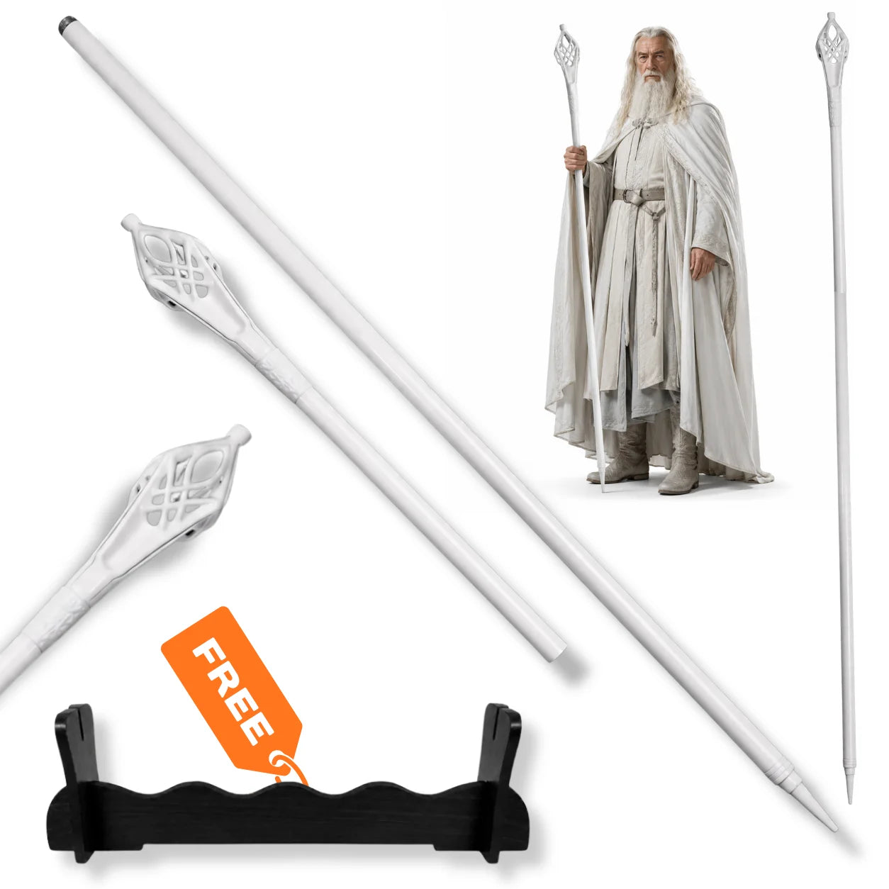 Gandalf White staff LOTR wizard prop replica with carved white staff head and black display stand