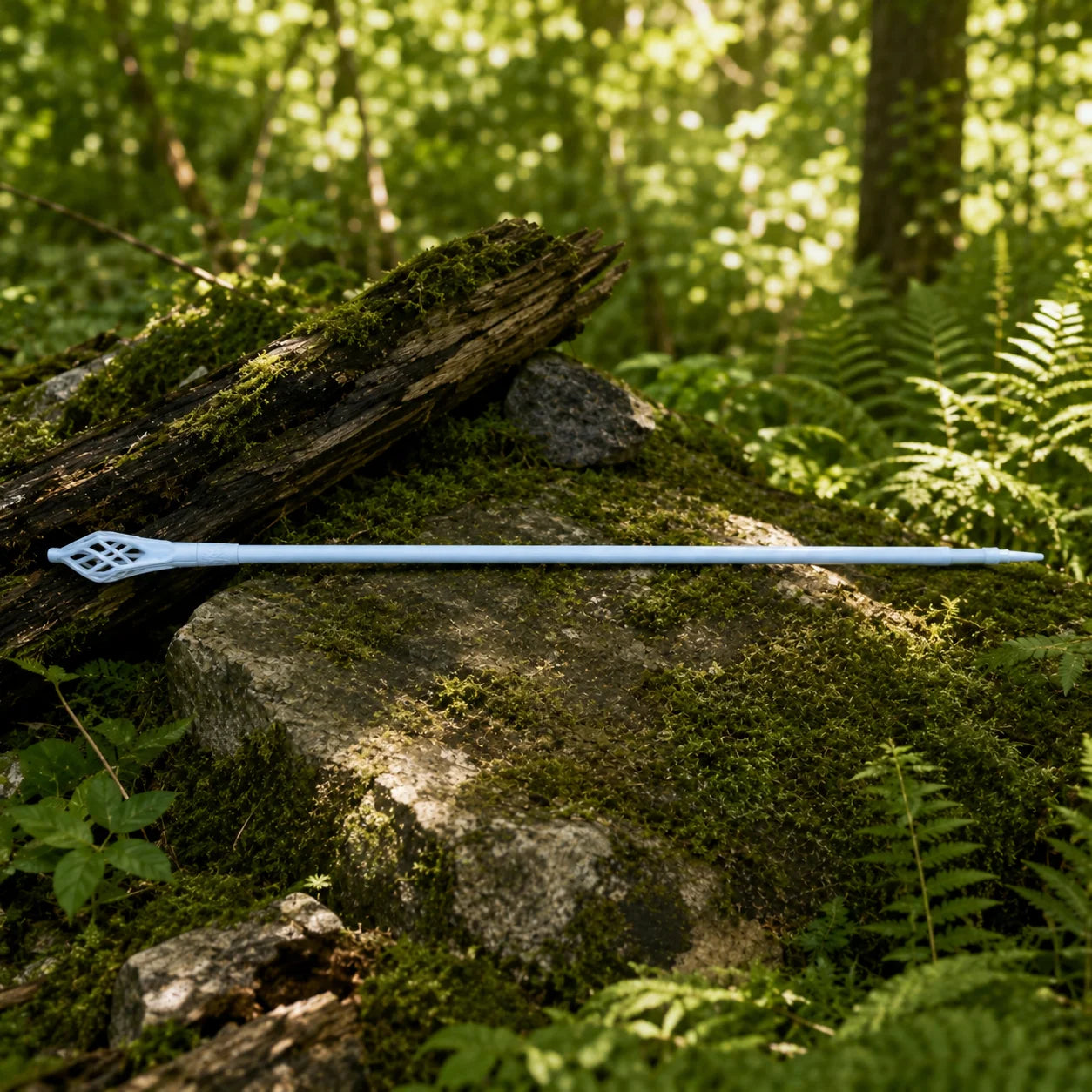Gandalf the White staff prop replica full length on mossy rock in sunlit forest showing complete pale blue-white stainless steel shaft ornate lattice cage topper and pointed tip – Tolkien LOTR fan gift