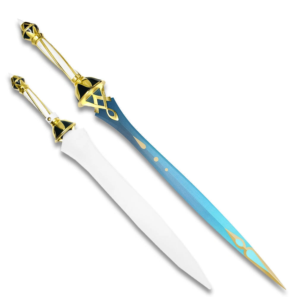 Close-up of the Genshin Impact Xiphos' Moonlight collectible highlighting intricate guard, decorative handle, premium display finish and detailed craftsmanship inspired by Layla's iconic fantasy sword