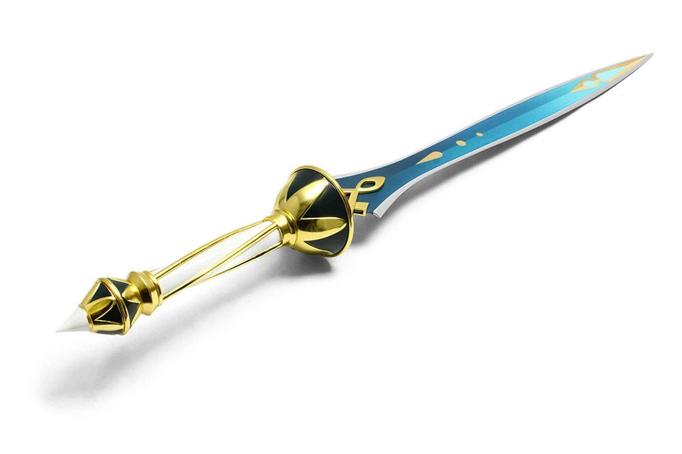 Full-length Genshin Impact Xiphos' Moonlight display collectible showcasing detailed blue and gold artwork, decorative blade profile and fantasy-inspired craftsmanship for anime collections and display shelves