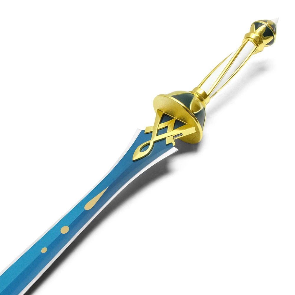 Genshin Impact Xiphos' Moonlight Display Collectible inspired by Layla featuring elegant blue and gold detailing with matching white scabbard for premium cosplay, collector showcases and gaming room wall displays